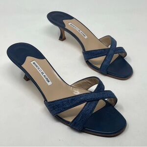 Manolo Blahnik Navy Blue Cross Strap Heels